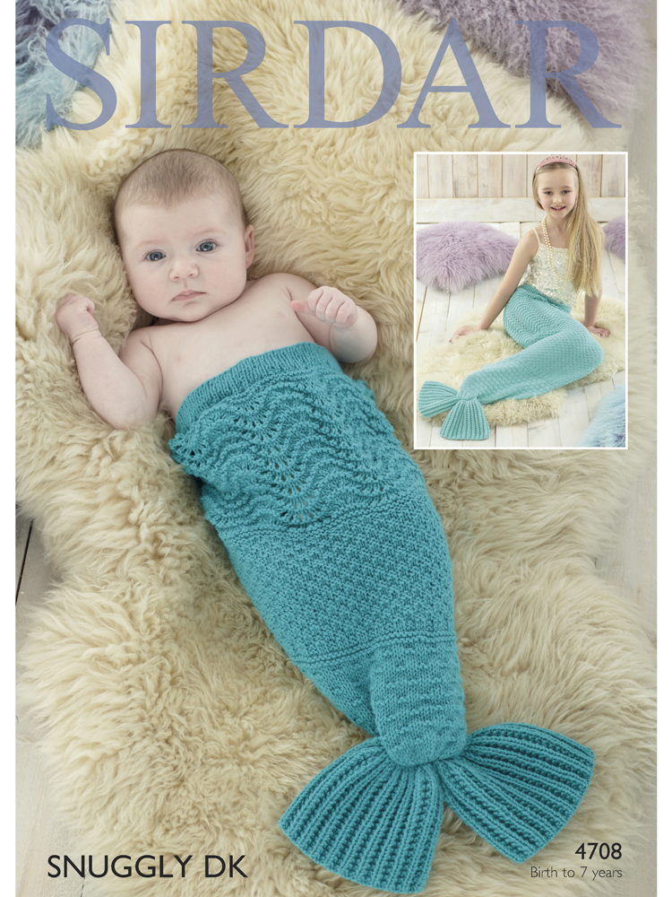 Sirdar 4708 Mermaid Tail Snugglers in DK (#3) weight yarn. For babies and children up to 7 years old.